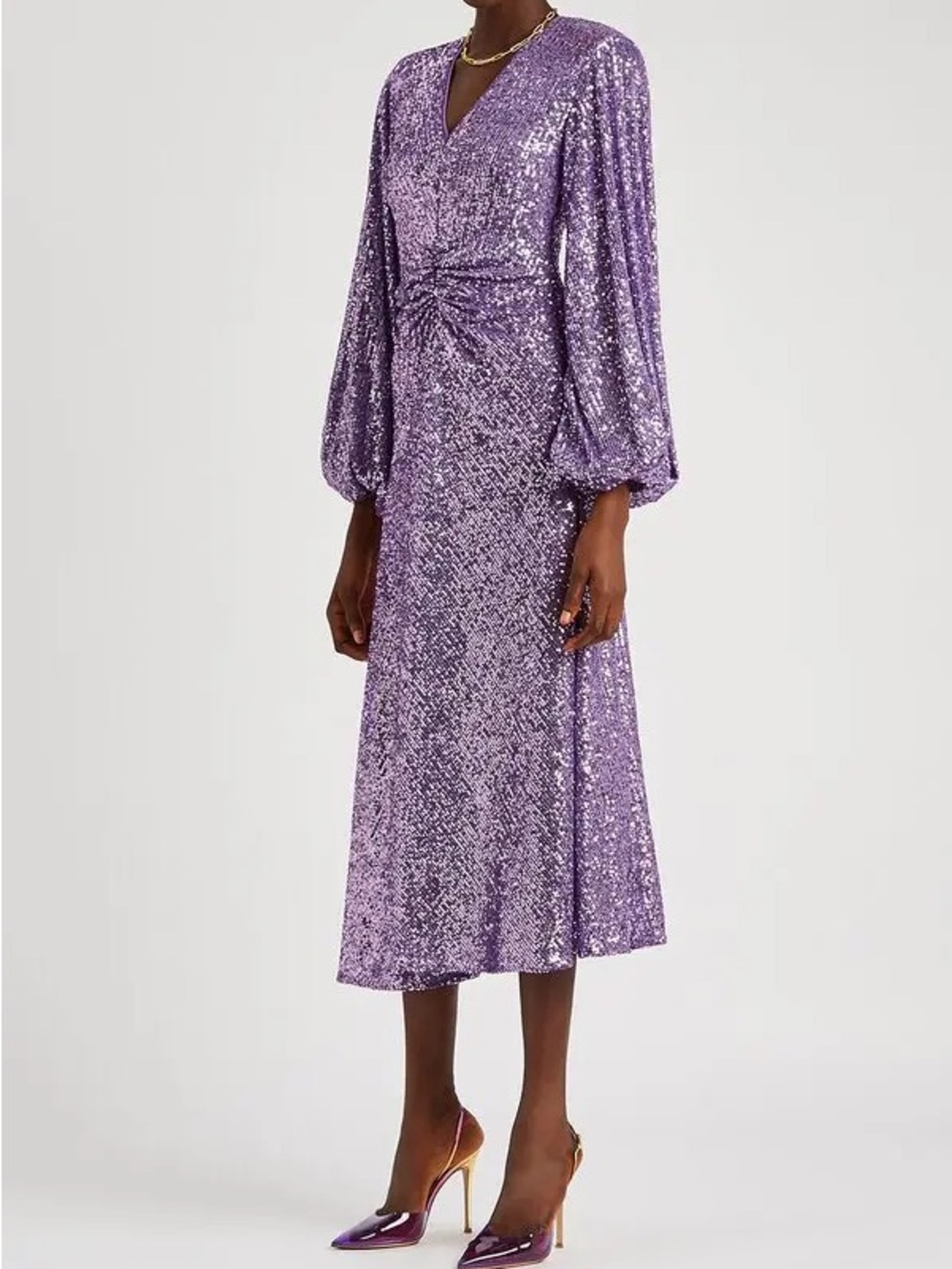 Sequined Lilac Midi Dress with Bishop Sleeves